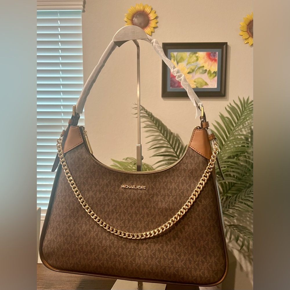 Michael Kors Tan and Brown Shoulder Bag with Gold Chain